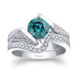Pave Round Blue And White Diamond Ring Set