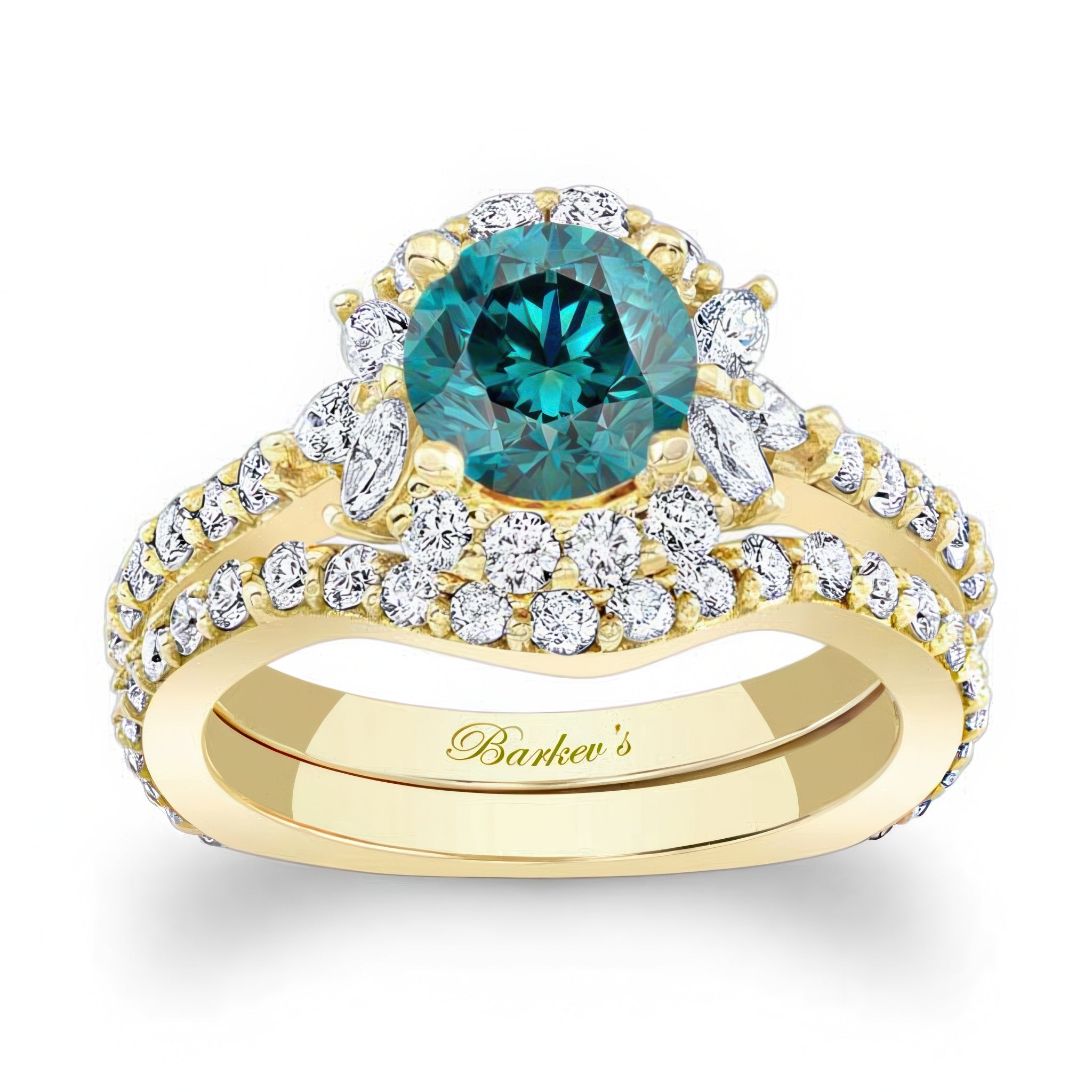 Unique Halo Blue And White Diamond Bridal Set