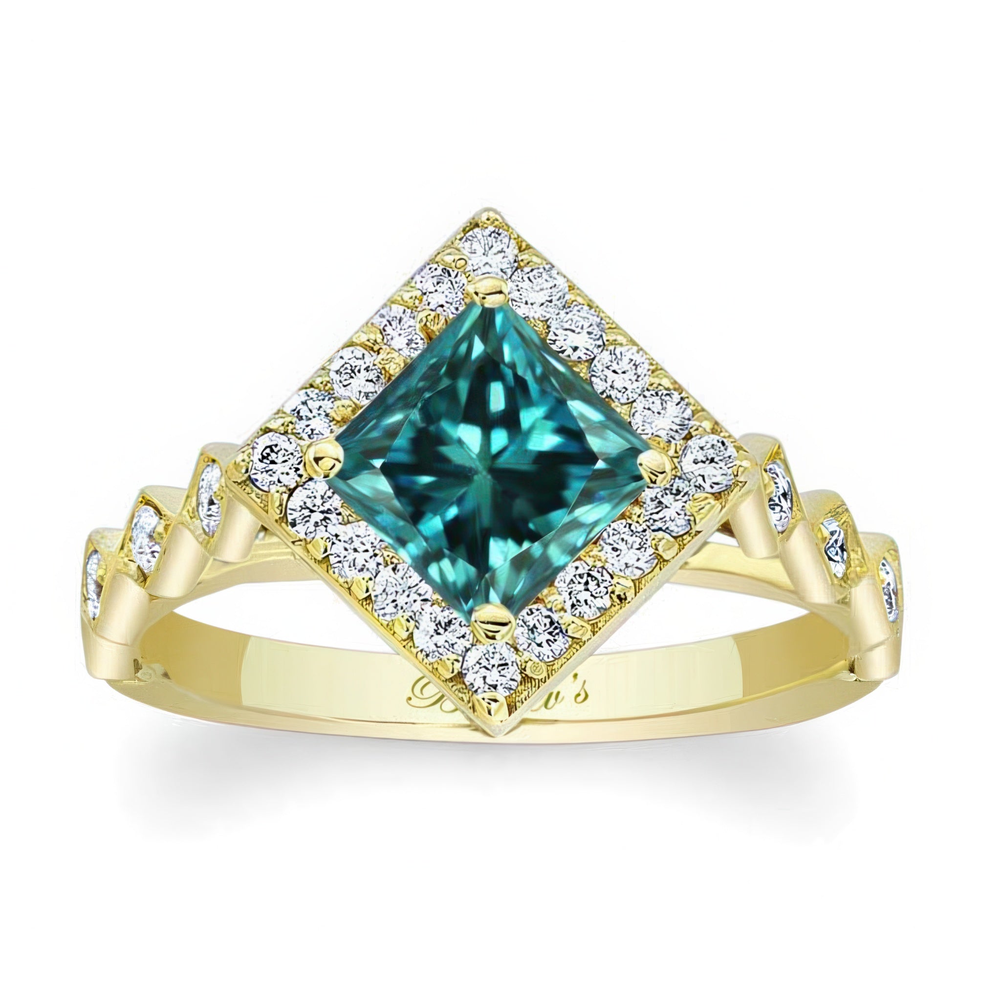 Vintage Princess Cut Blue And White Diamond Halo Ring