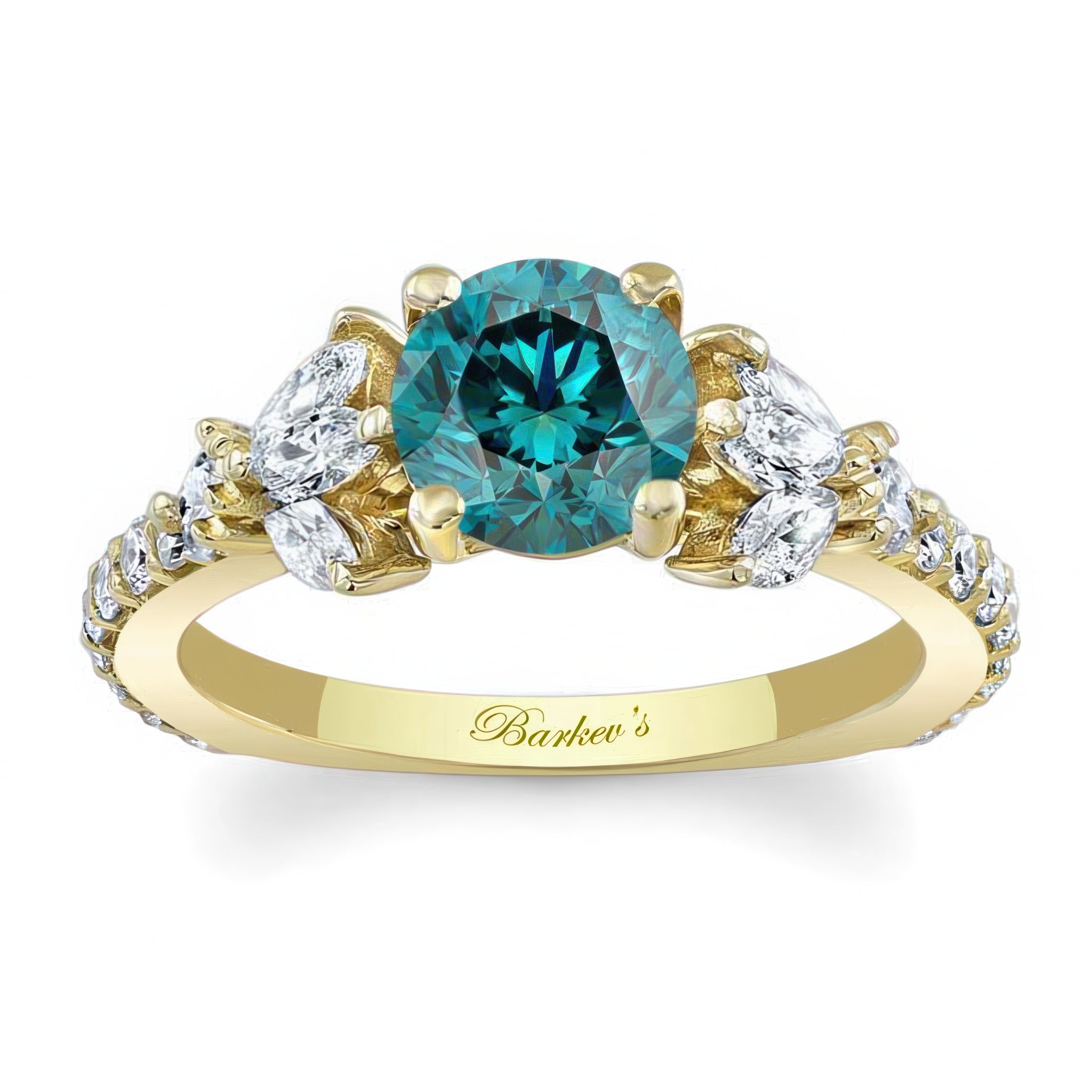 Marquise And Round Blue And White Diamond Engagement Ring