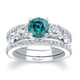 Vintage 3 Stone Blue And White Diamond Ring Set With 2 Bands