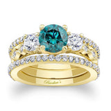 Vintage 3 Stone Blue And White Diamond Ring Set With 2 Bands