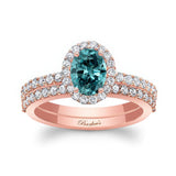 Oval Blue And White Diamond Halo Wedding Set
