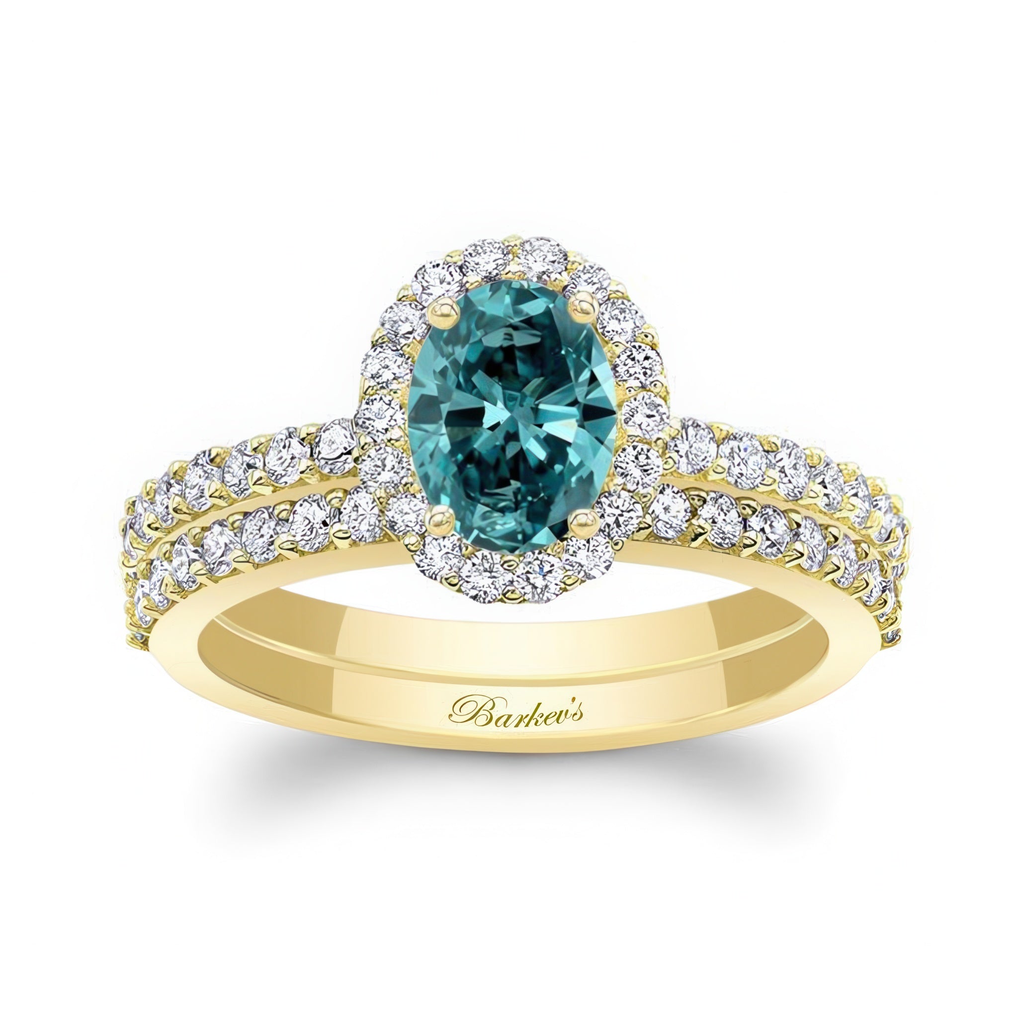 Oval Blue And White Diamond Halo Wedding Set