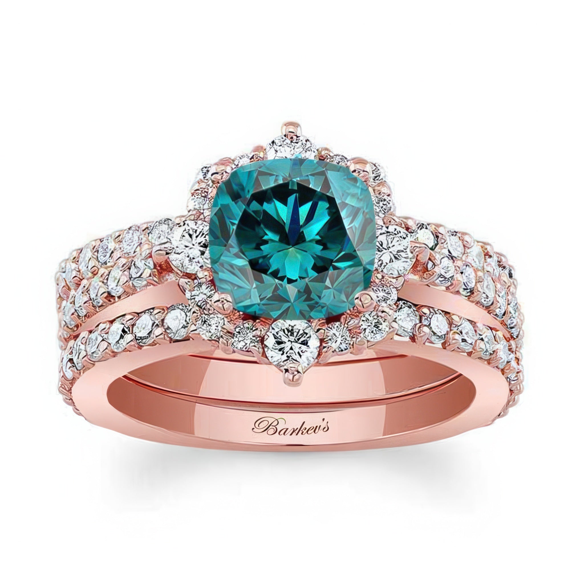 Halo Cushion Cut Blue And White Diamond wedding Ring Set With 2 Bands