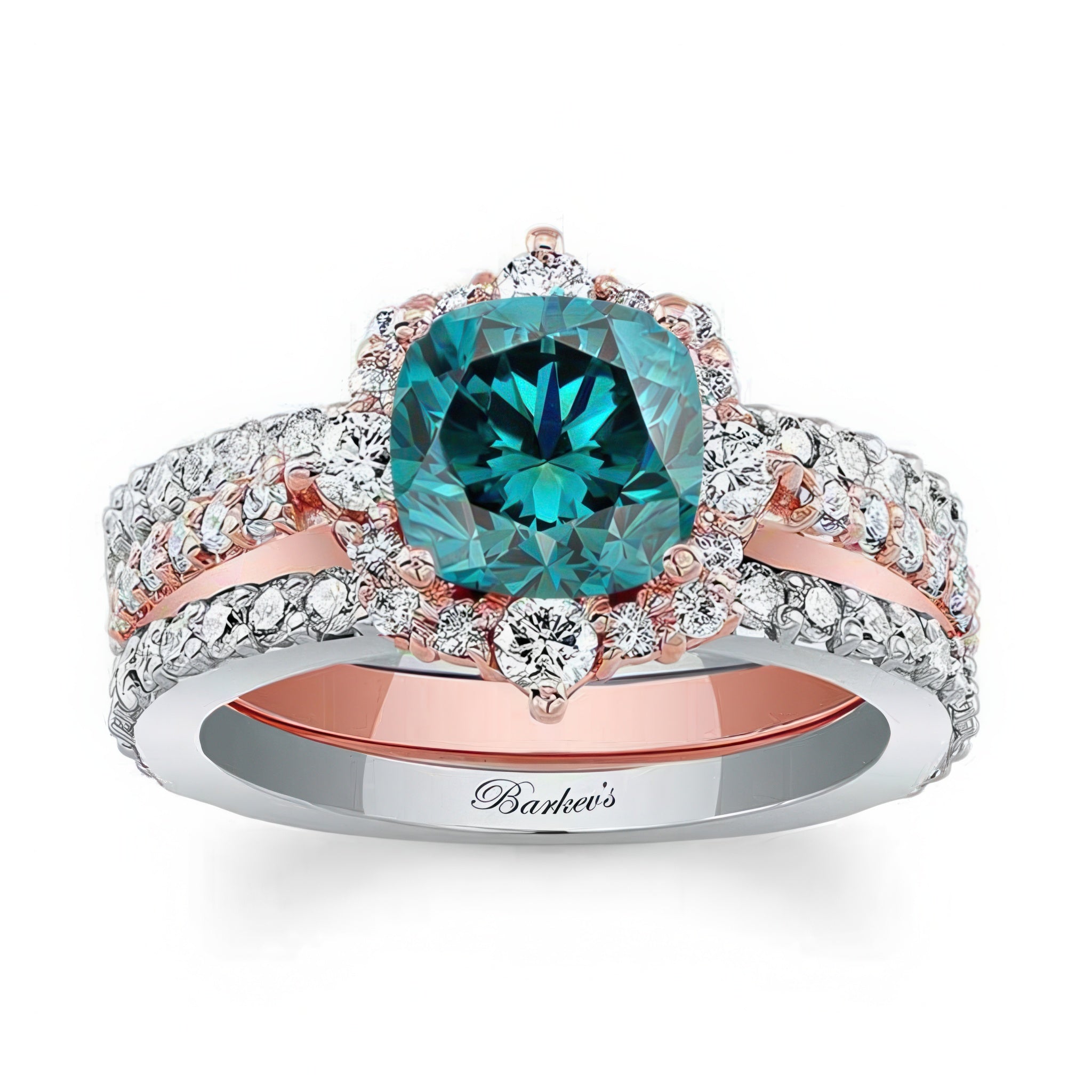 Halo Cushion Cut Blue And White Diamond wedding Ring Set With 2 Bands