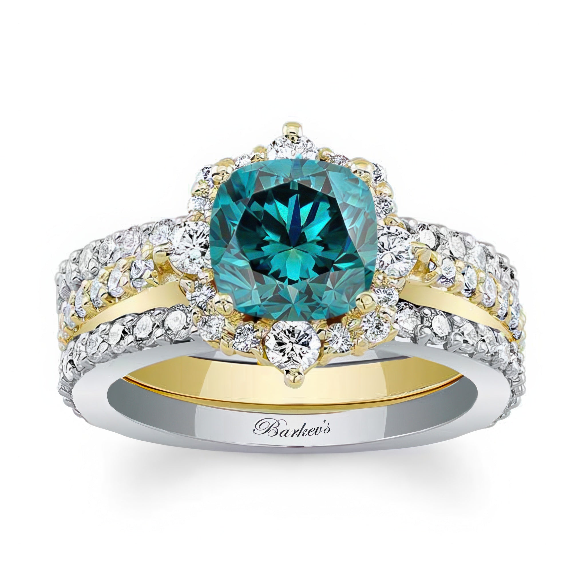 Halo Cushion Cut Blue And White Diamond wedding Ring Set With 2 Bands