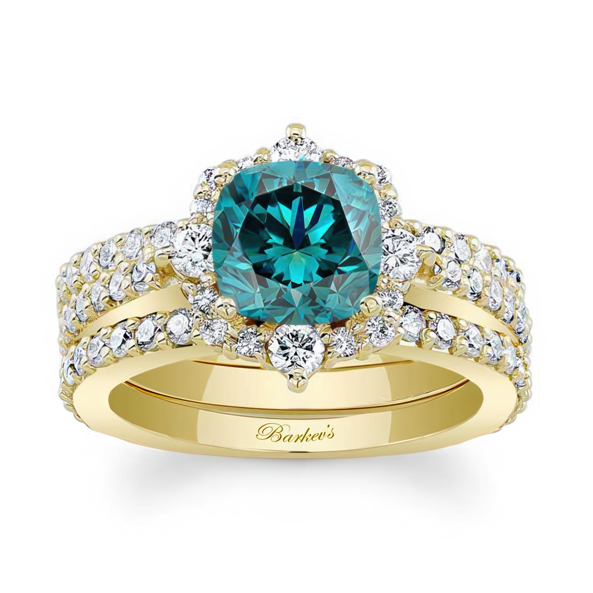 Halo Cushion Cut Blue And White Diamond wedding Ring Set With 2 Bands