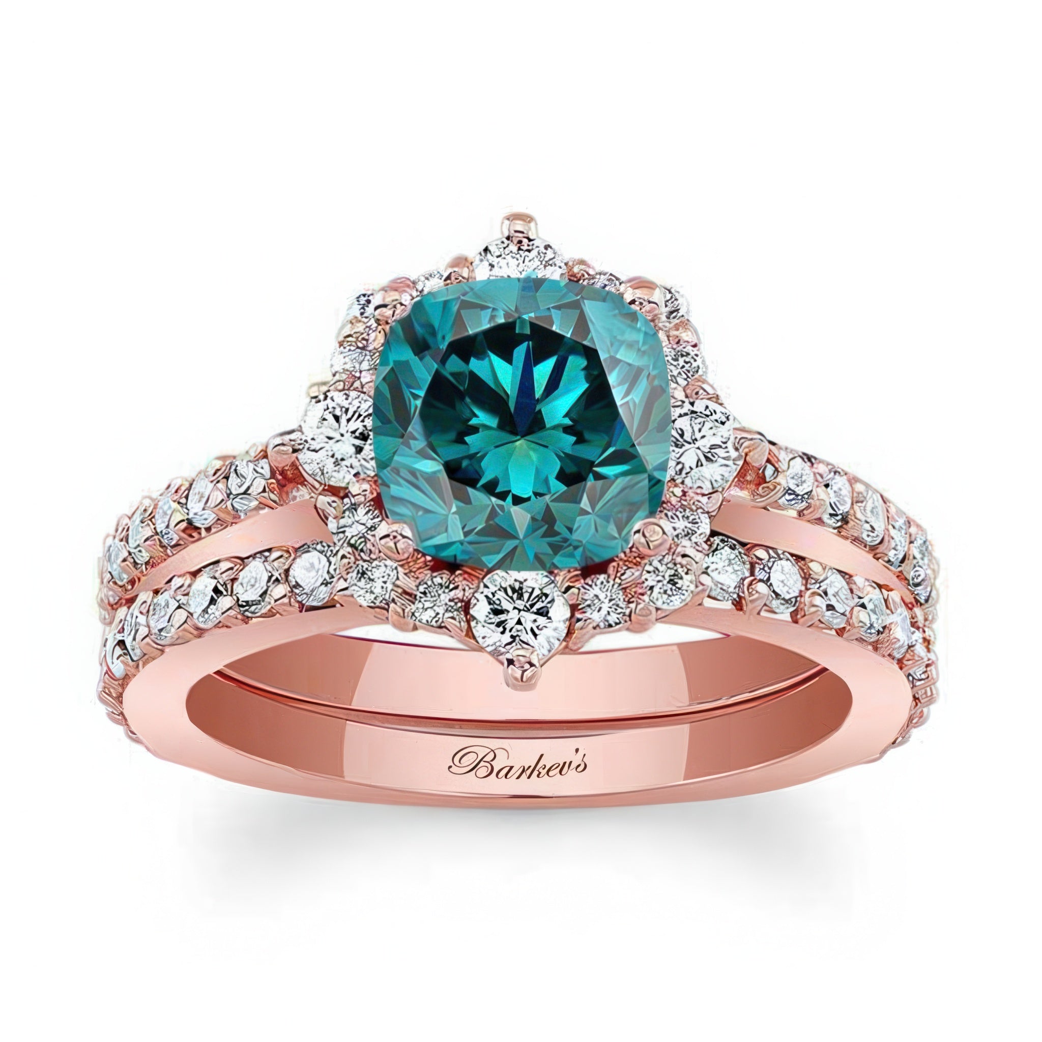 Halo Cushion Cut Blue And White Diamond Wedding Ring Set