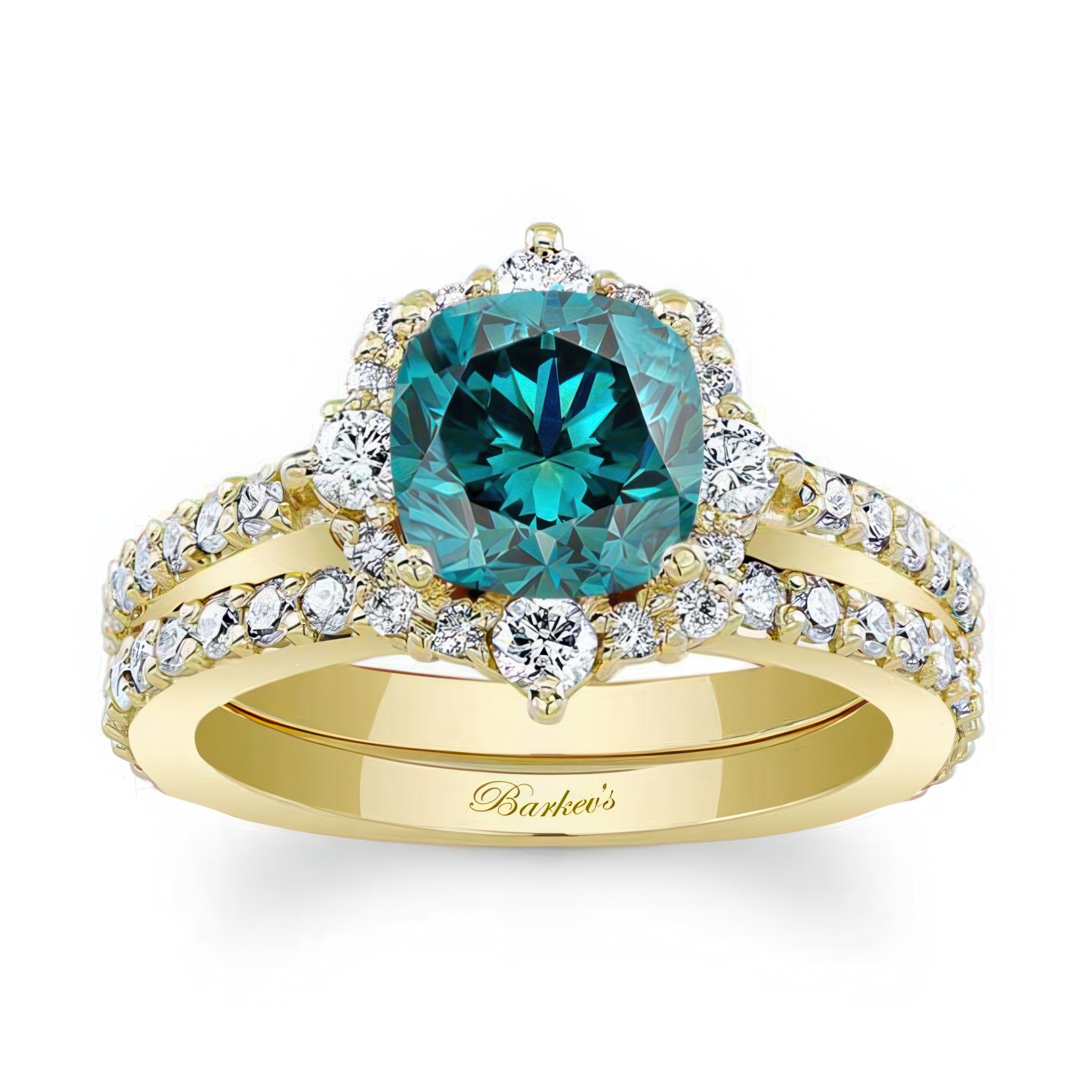 Halo Cushion Cut Blue And White Diamond Wedding Ring Set
