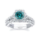 1 Carat Blue And White Diamond Halo Ring Set
