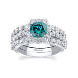 1 Carat Blue And White Diamond Halo Ring Set With 2 Bands