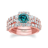 1 Carat Blue And White Diamond Halo Ring Set With 2 Bands