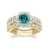 1 Carat Blue And White Diamond Halo Ring Set With 2 Bands