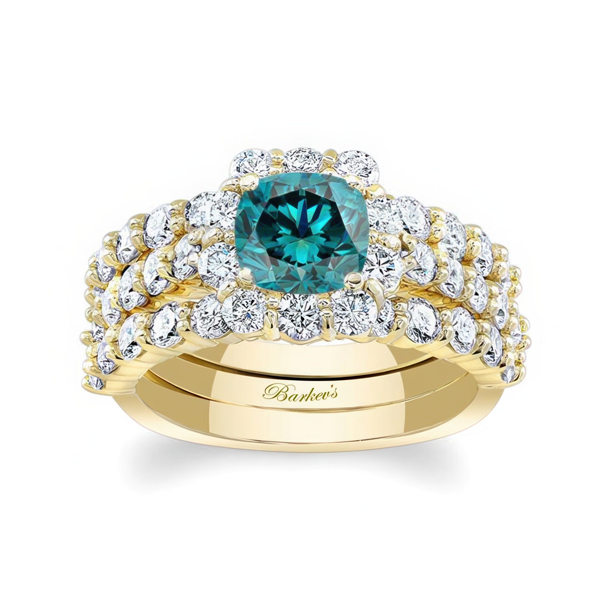 1 Carat Blue And White Diamond Halo Ring Set With 2 Bands
