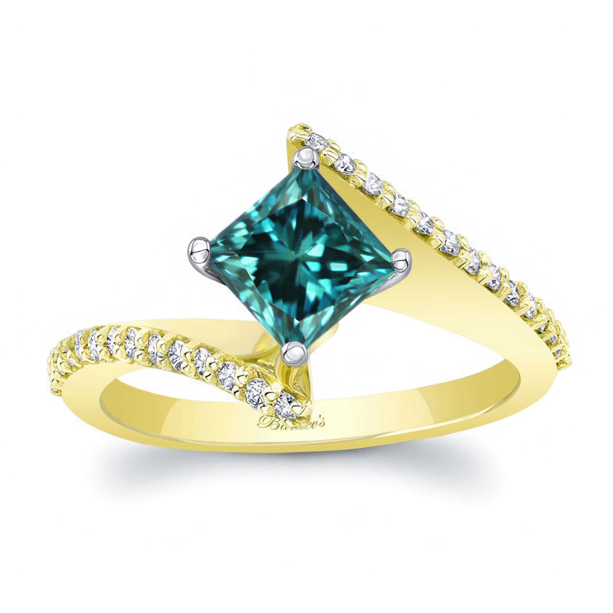 Princess Cut Blue And White Diamond Bypass Ring