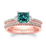 Blue And White Diamond 3 Stone Princess Cut Wedding Set