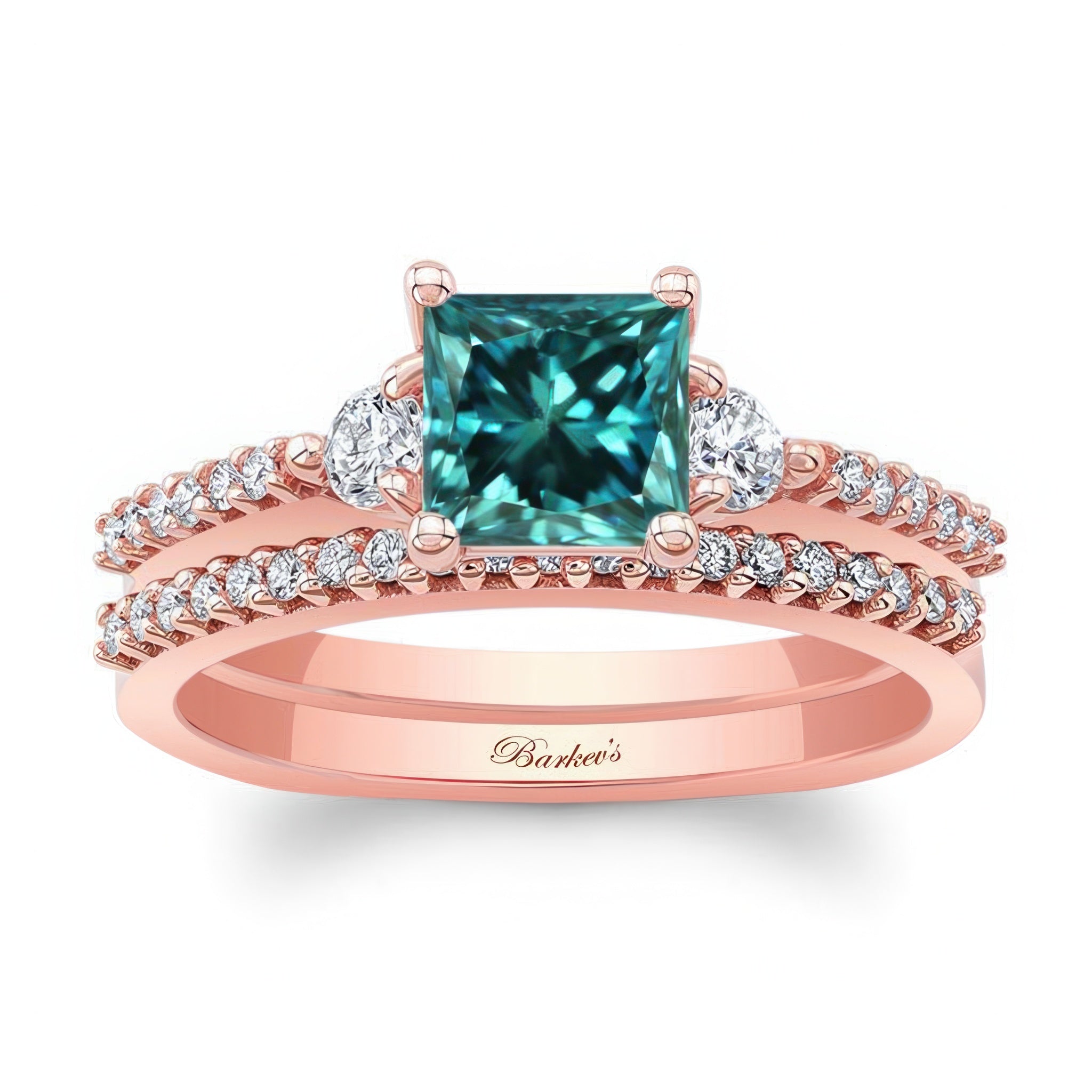 Blue And White Diamond 3 Stone Princess Cut Wedding Set