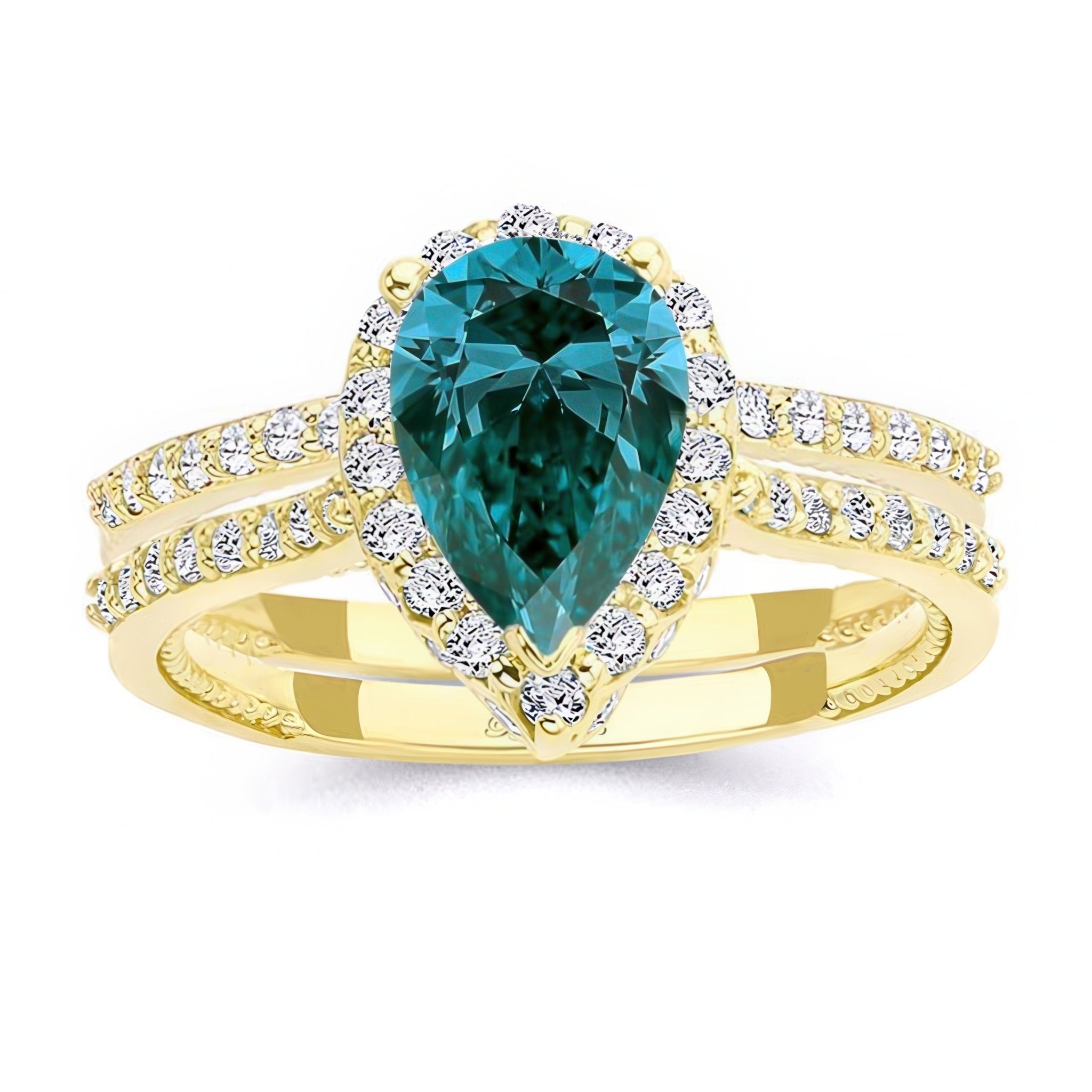 2 Carat Pear Shaped Blue And White Diamond Halo Ring Set
