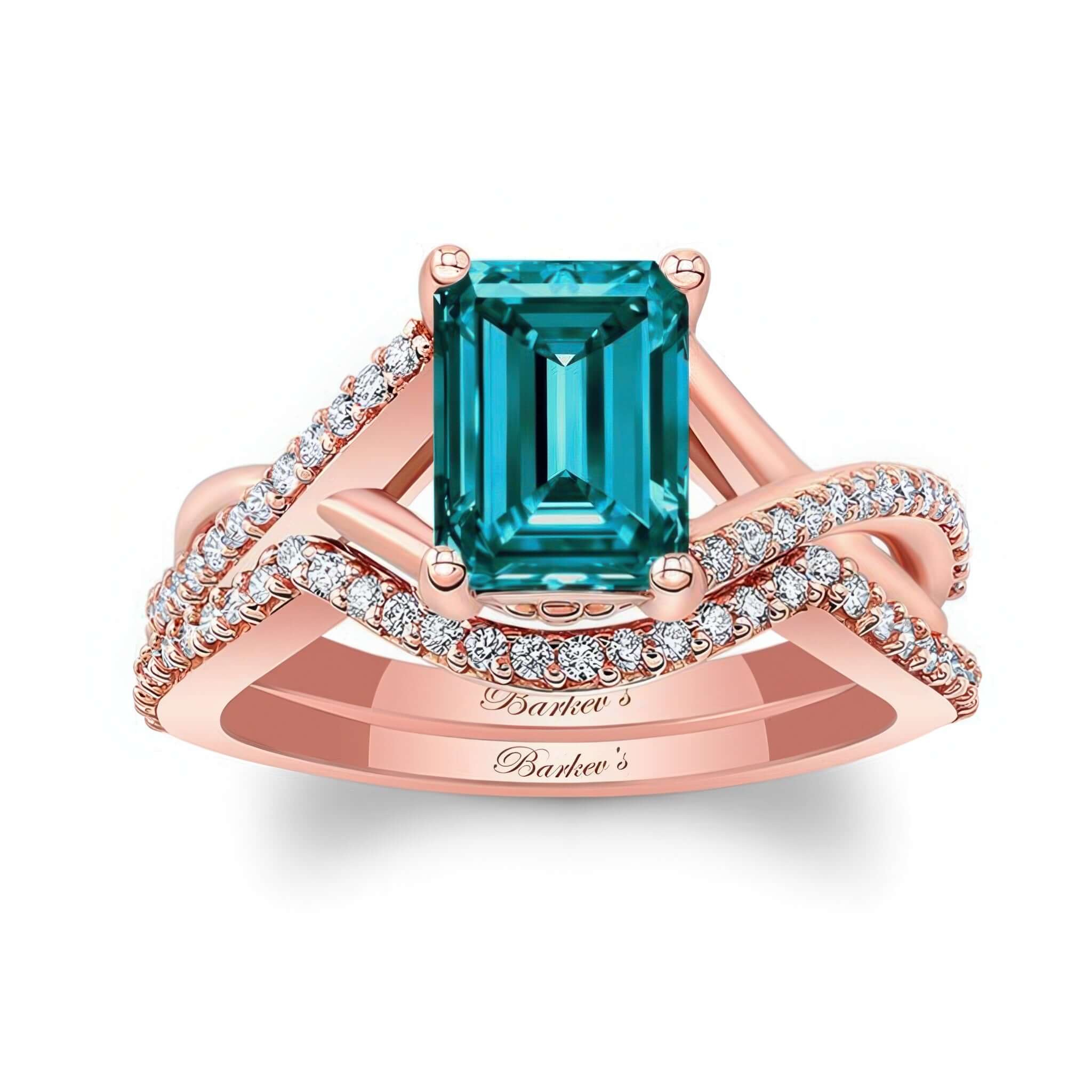 2 Carat Emerald Cut Blue And White Diamond Ring Set