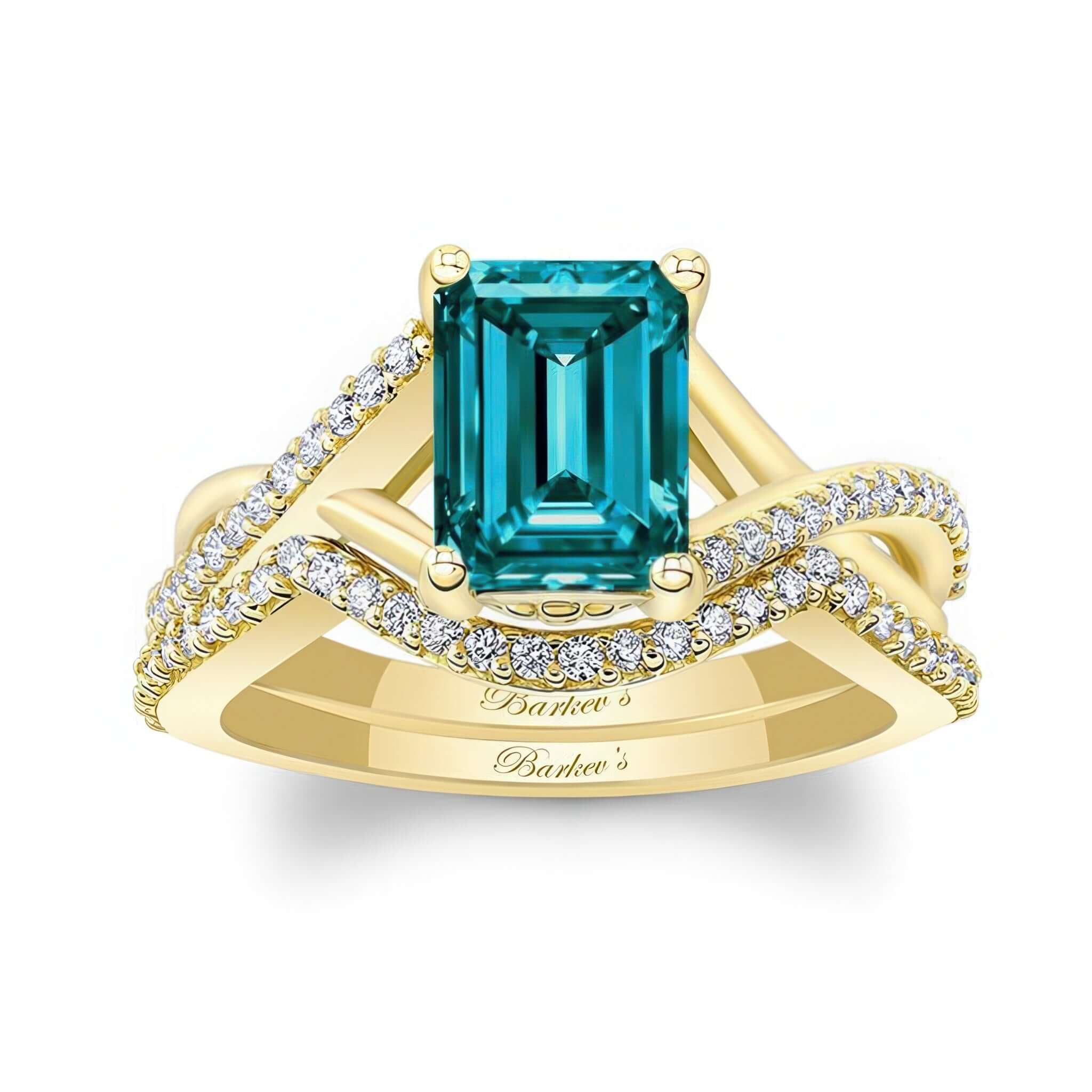 2 Carat Emerald Cut Blue And White Diamond Ring Set