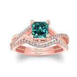 One Carat Princess Cut Blue And White Diamond Bridal Set