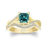 One Carat Princess Cut Blue And White Diamond Bridal Set