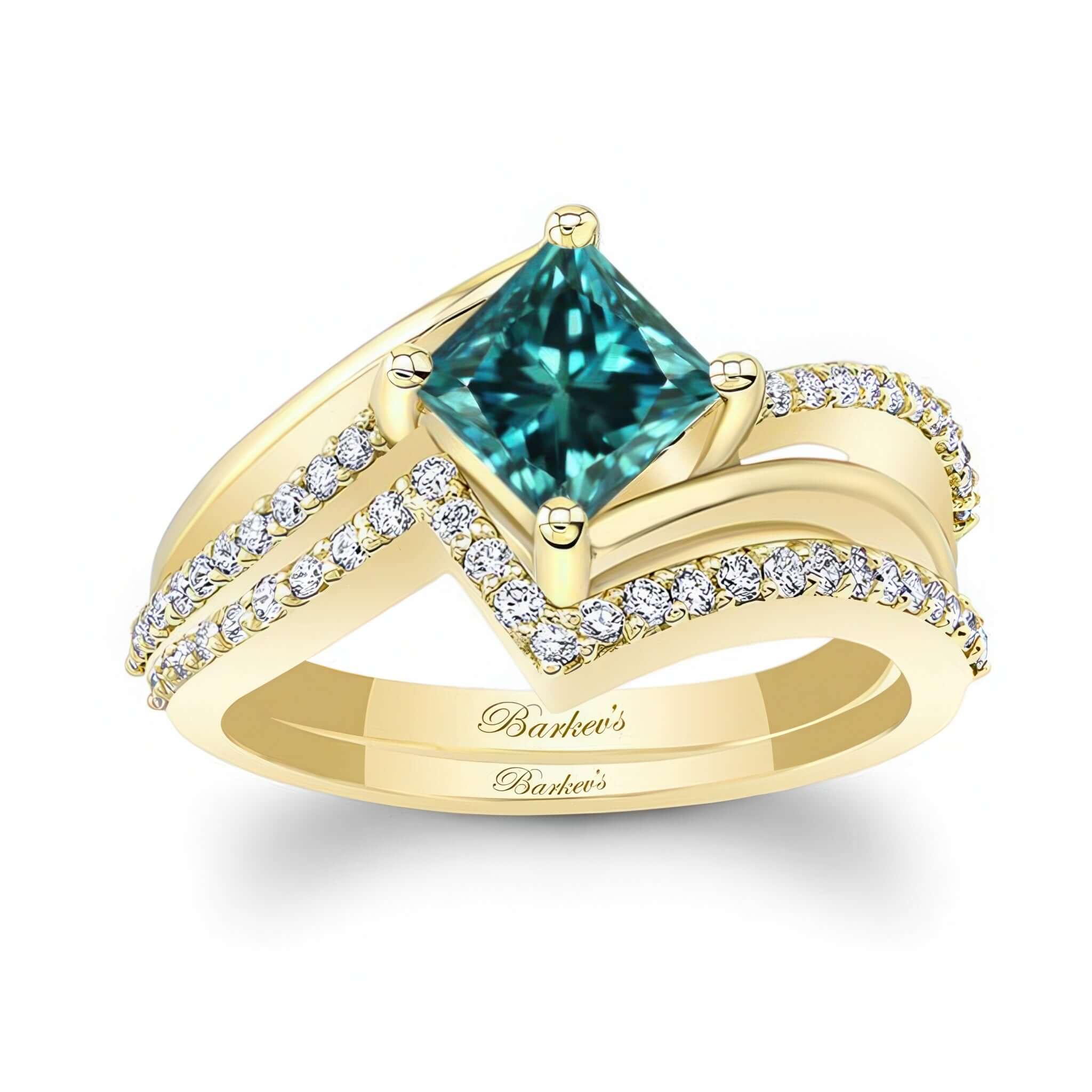 Princess Cut Blue And White Diamond Engagement Ring Set