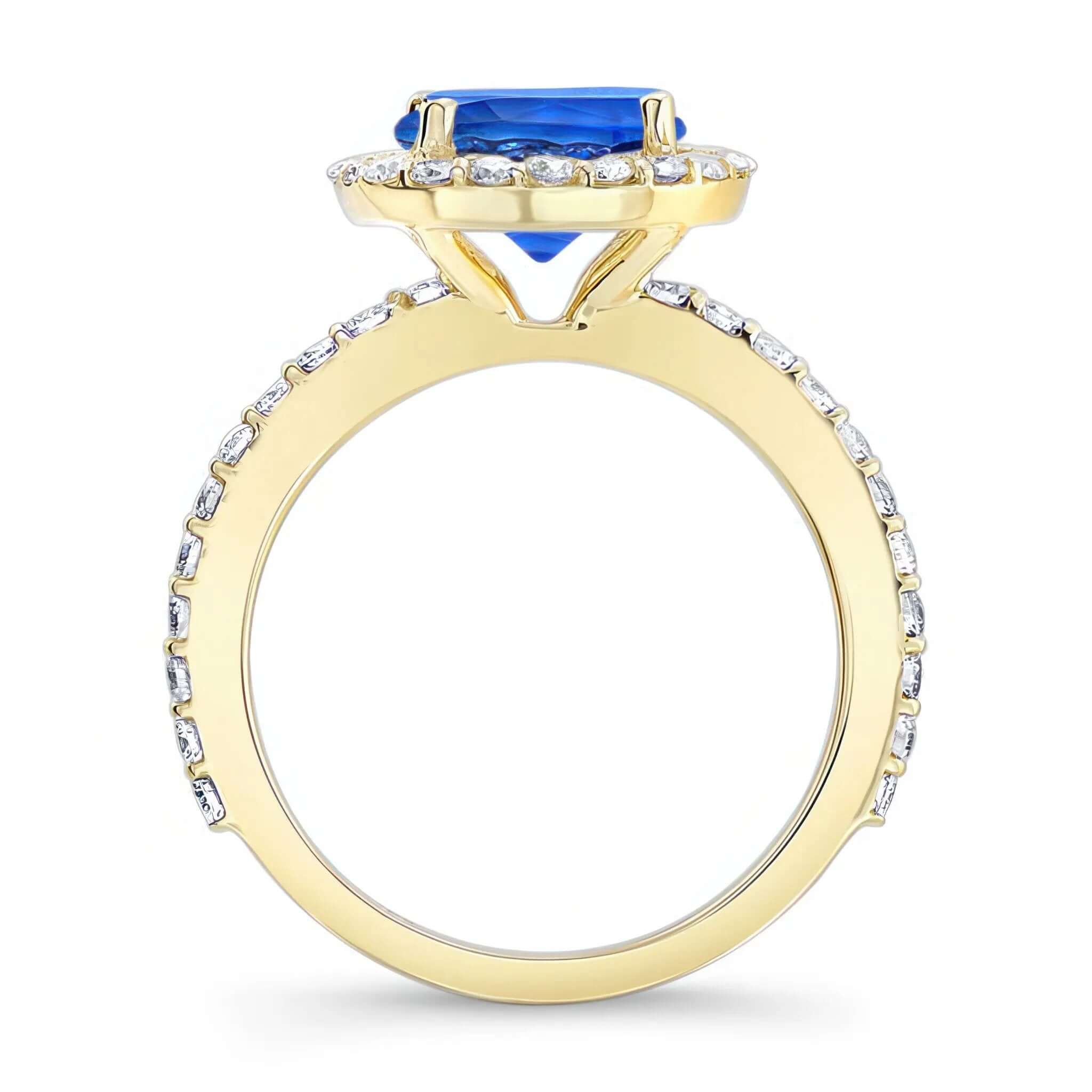 2 Carat Halo Sapphire and diamond Engagement Ring showcasing a vibrant sapphire center and diamond accents.