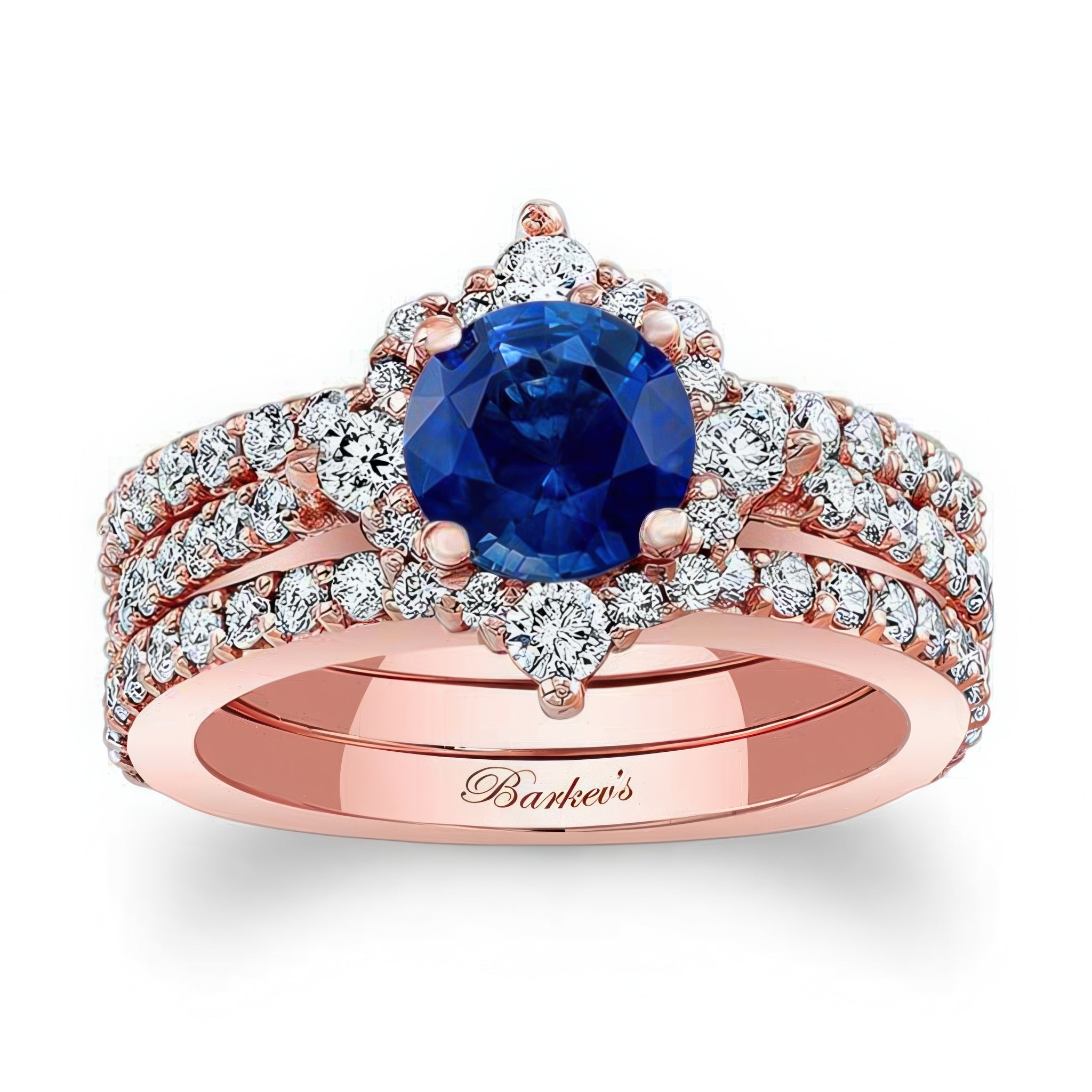 Classic Halo Blue Sapphire And Diamond Bridal Set With 2 Bands