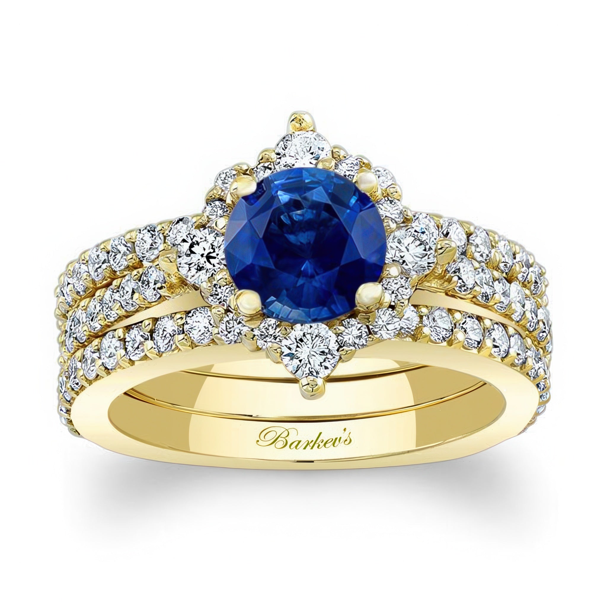 Classic Halo Blue Sapphire And Diamond Bridal Set With 2 Bands