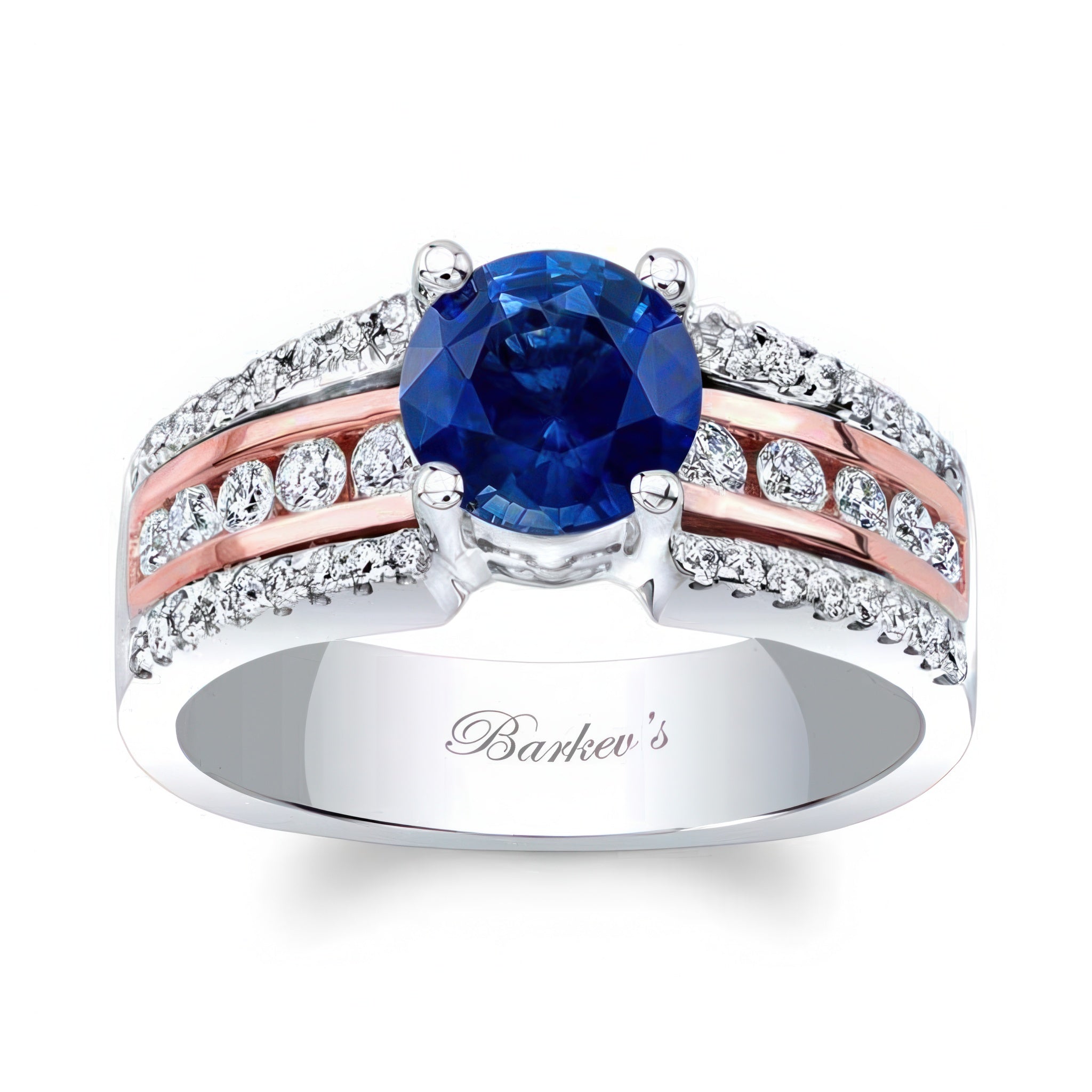 Round Lab Blue Sapphire And Diamond Channel Set Engagement Ring