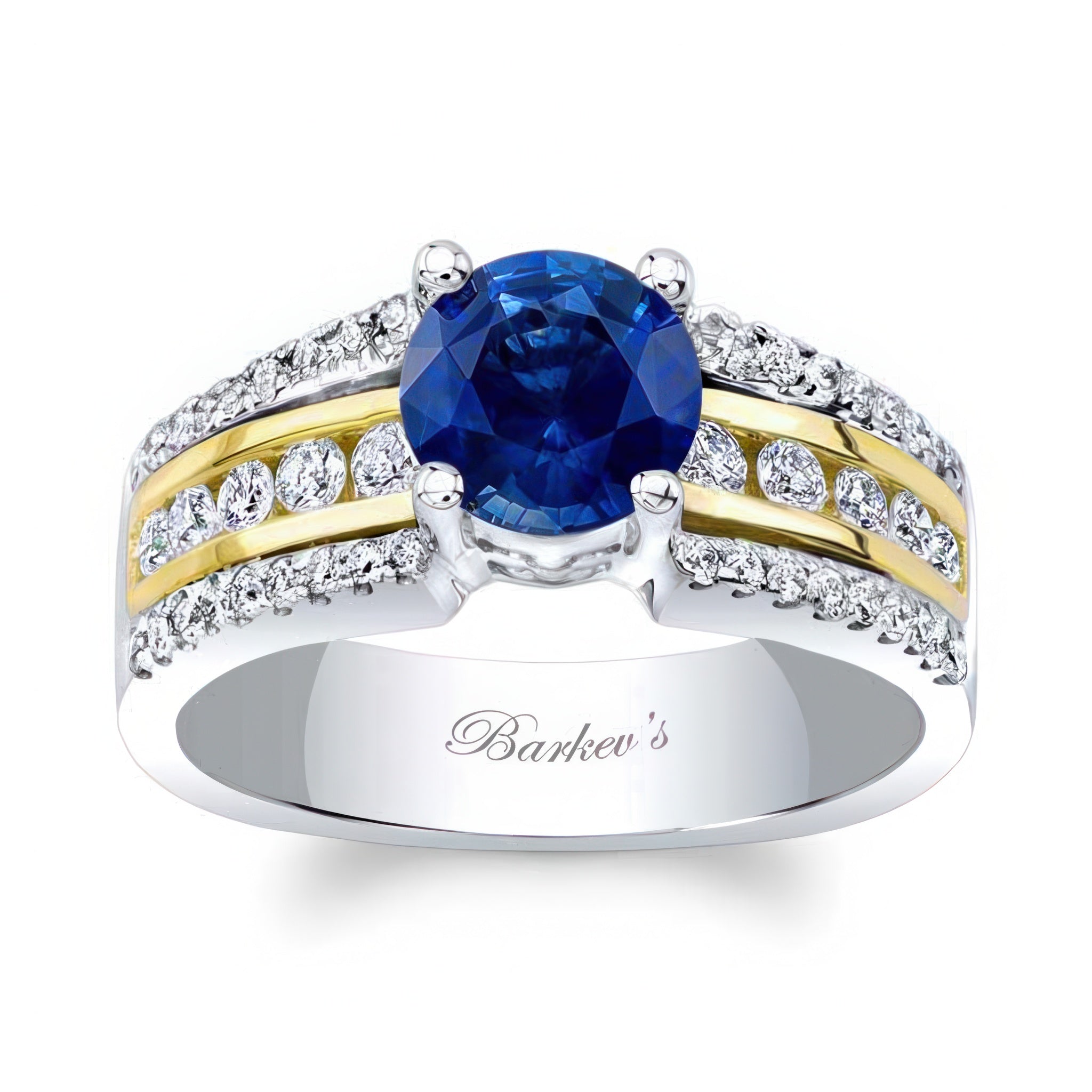 Round Lab Blue Sapphire And Diamond Channel Set Engagement Ring