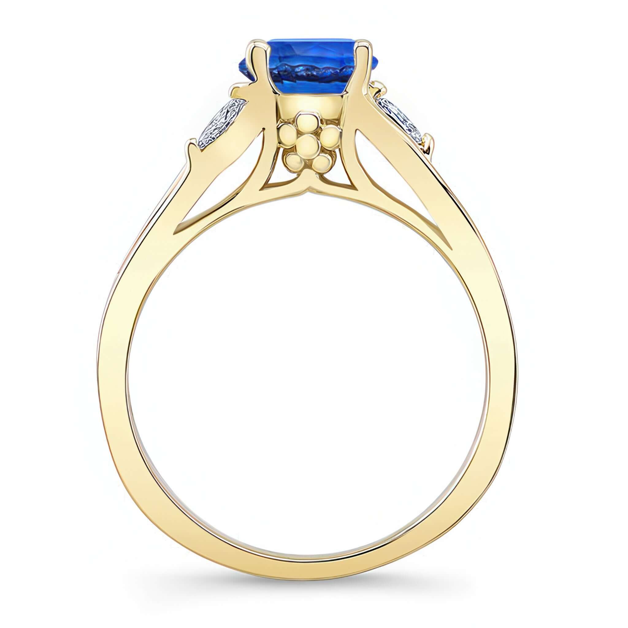 V Shaped Blue Sapphire And Diamond Ring showcasing an elegant prong set center with marquise cut diamonds.