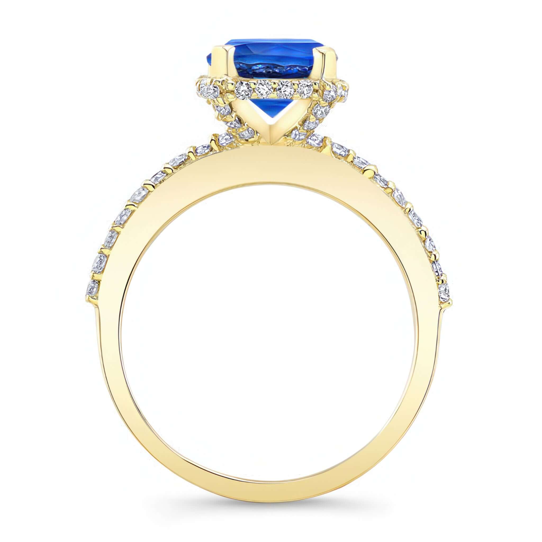 Blue Sapphire And Diamond Hidden Halo Ring showcasing a round center and cascading shared prong set diamonds.