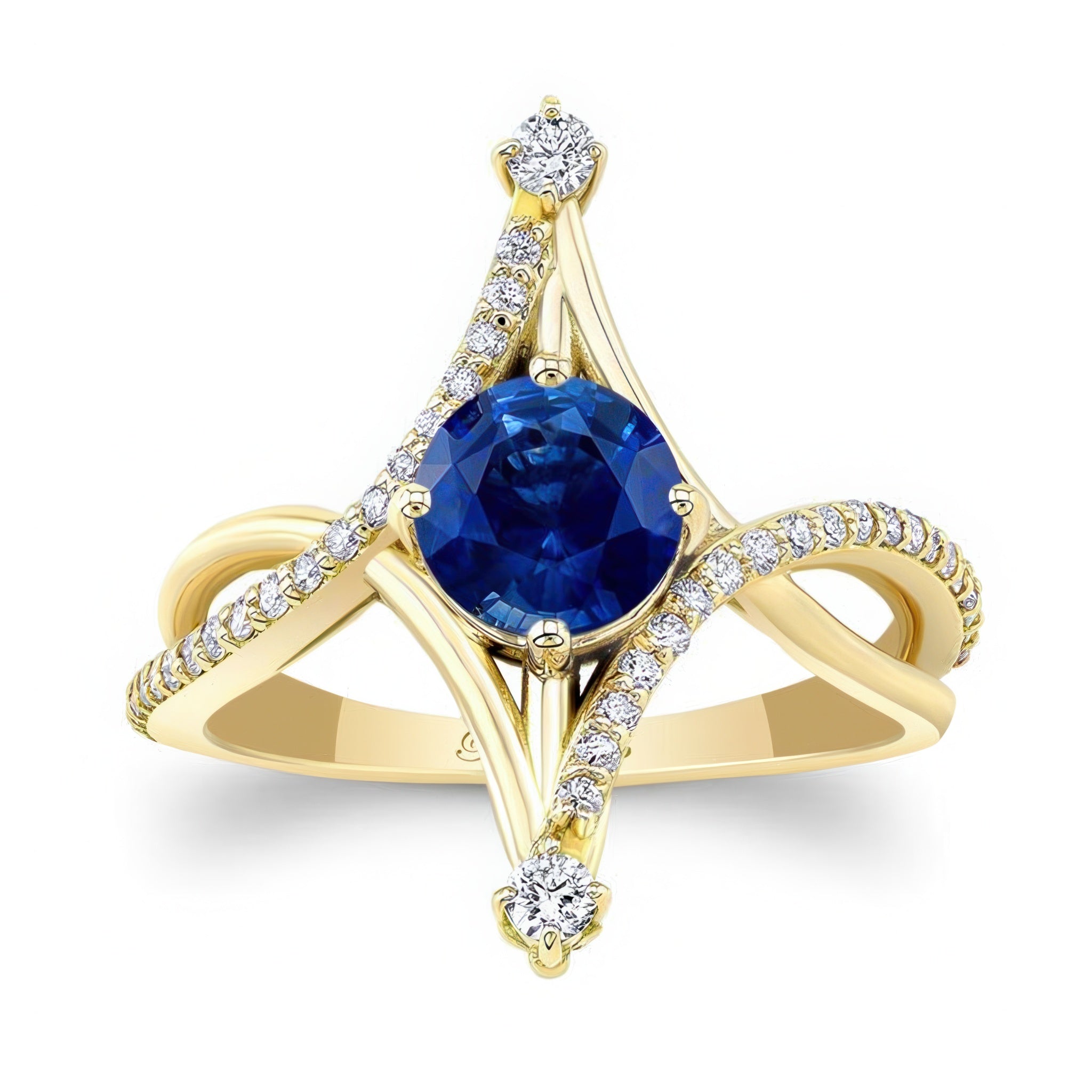 Unusual Round Lab Grown Blue Sapphire And Diamond Ring