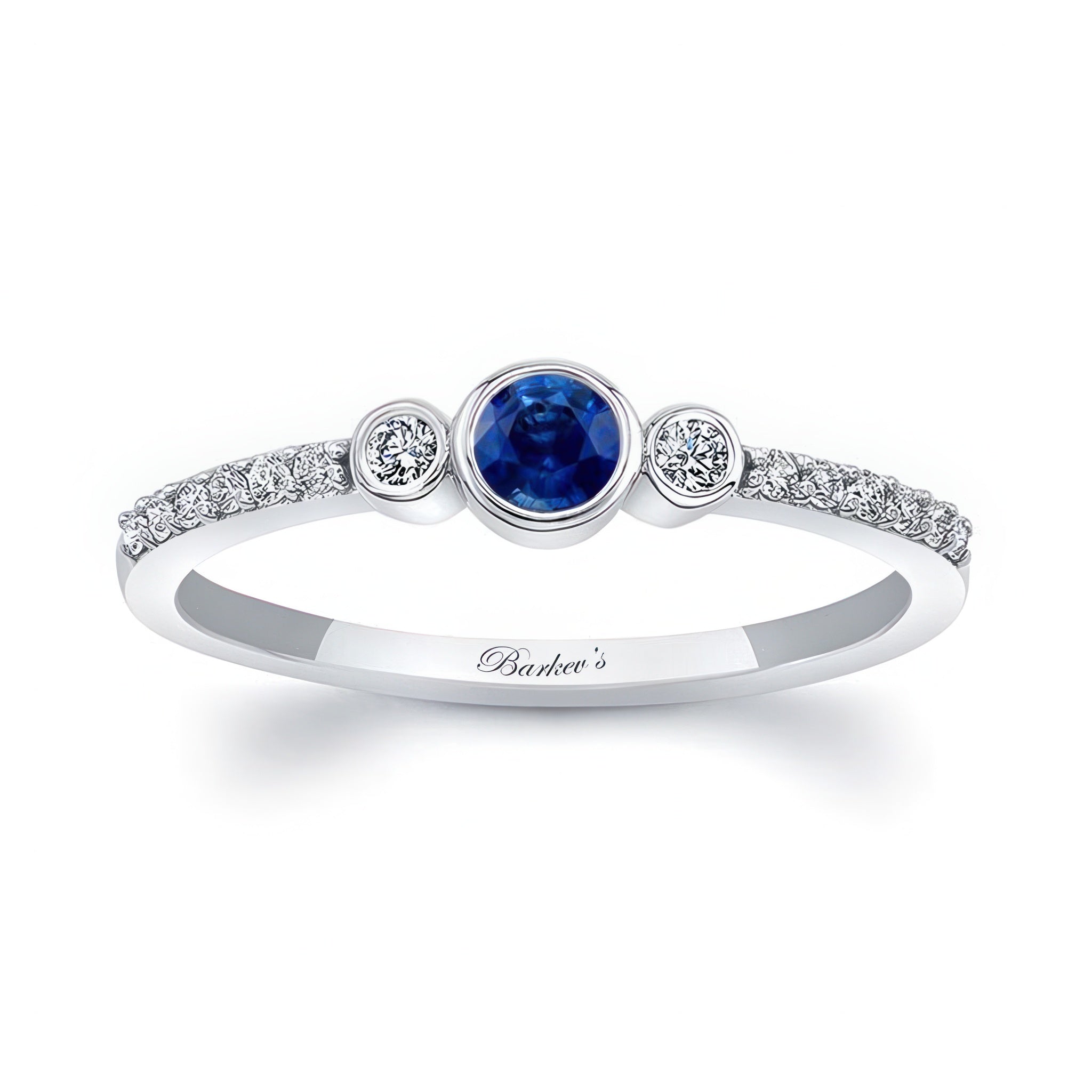 Mia Blue Sapphire three stone diamond promise ring with bezel set diamonds and elegant shank detailing.