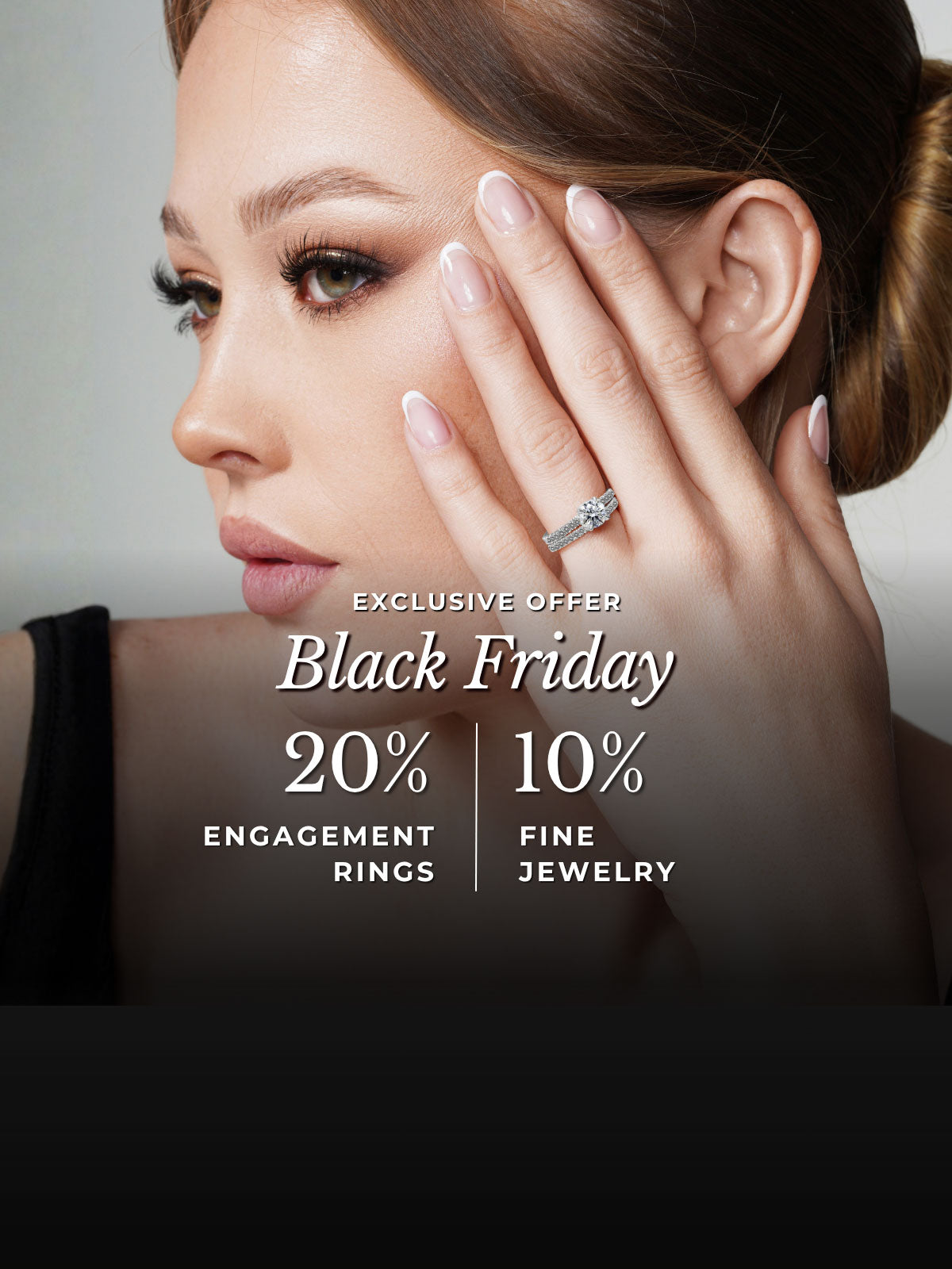Woman wearing a diamond ring with promotional text for Black Friday jewelry sale.