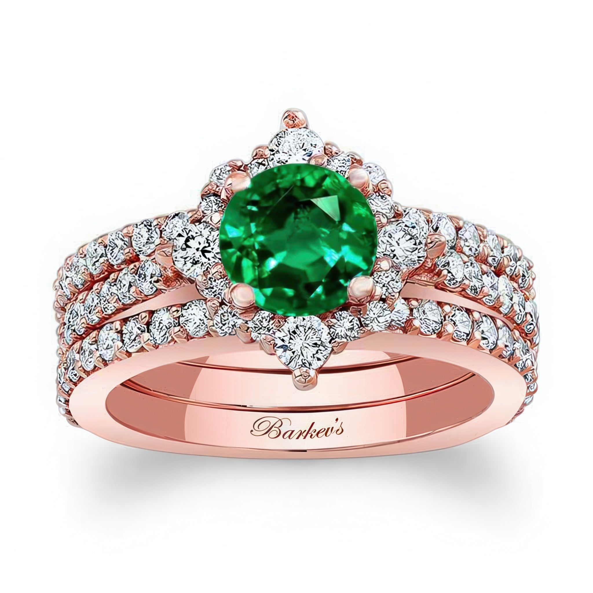 Classic Halo Emerald And Diamond Bridal Set With 2 Bands