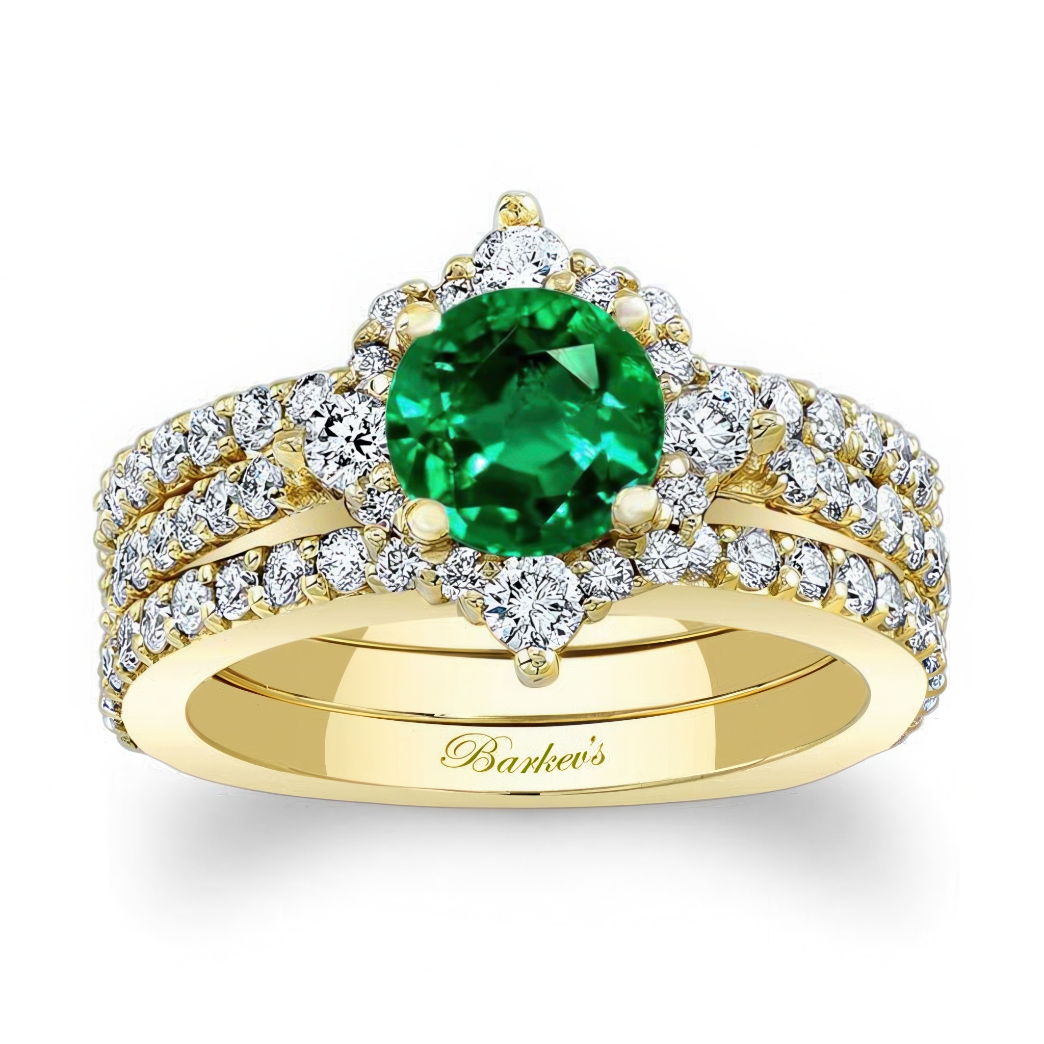 Classic Halo Emerald And Diamond Bridal Set With 2 Bands