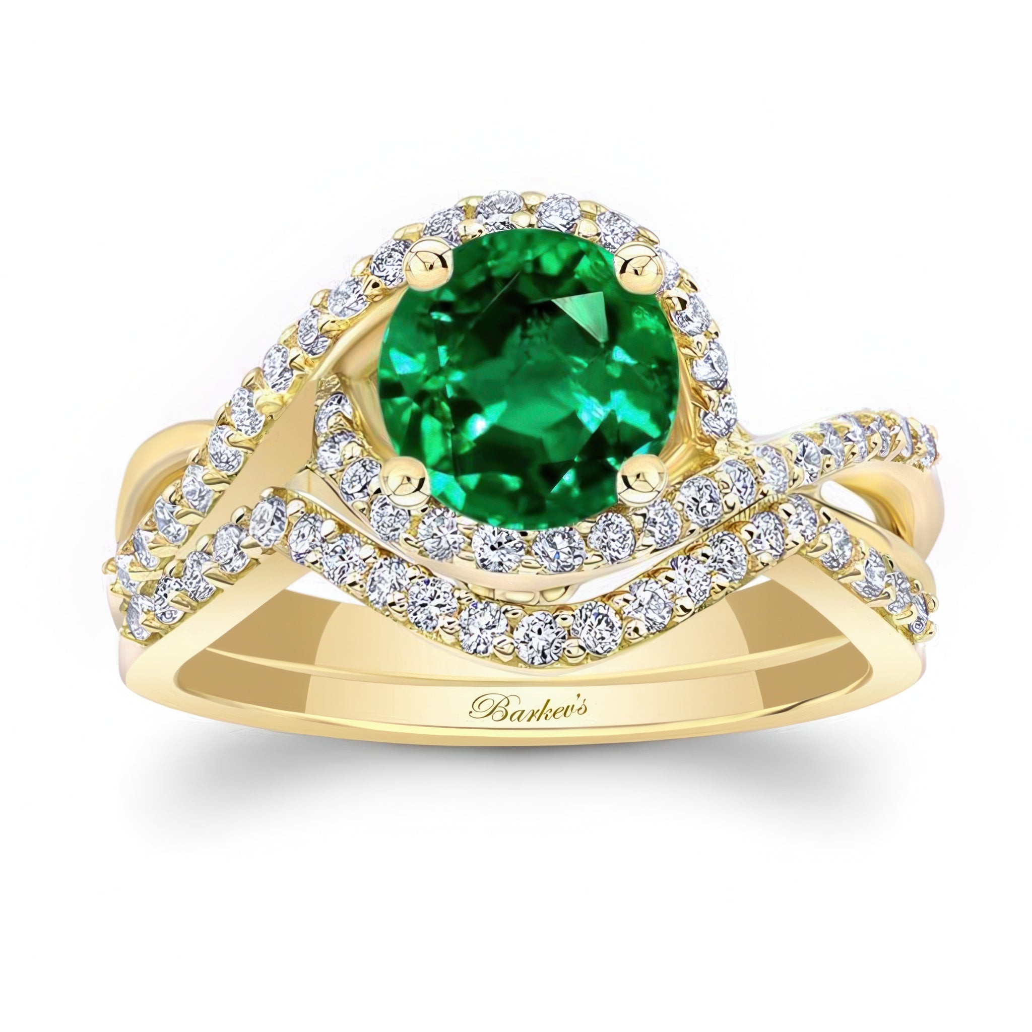 Twisted Halo Lab Grown Emerald And Diamond Wedding Set