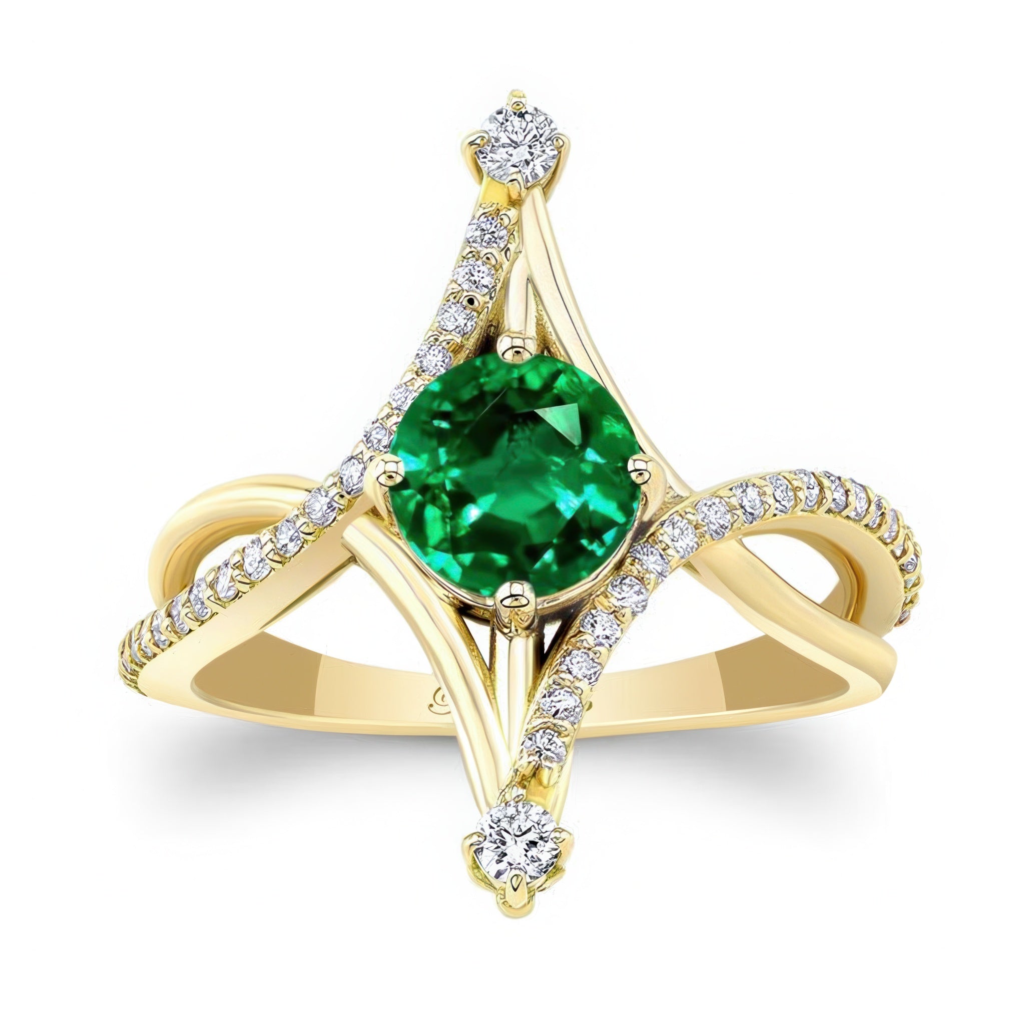 Unusual Round Lab Grown Emerald And Diamond Ring