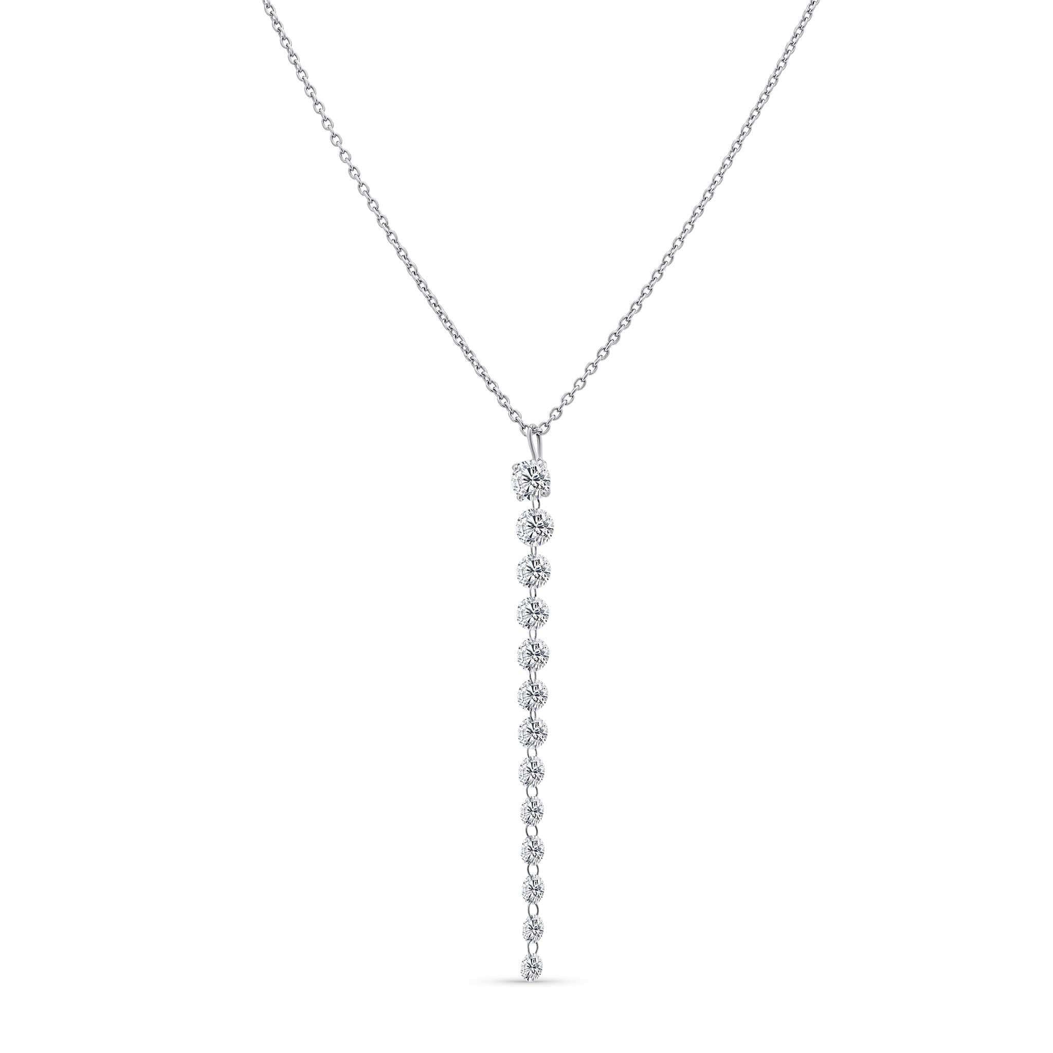 White gold necklace with a unique floating lab diamond pendant design on a white background
