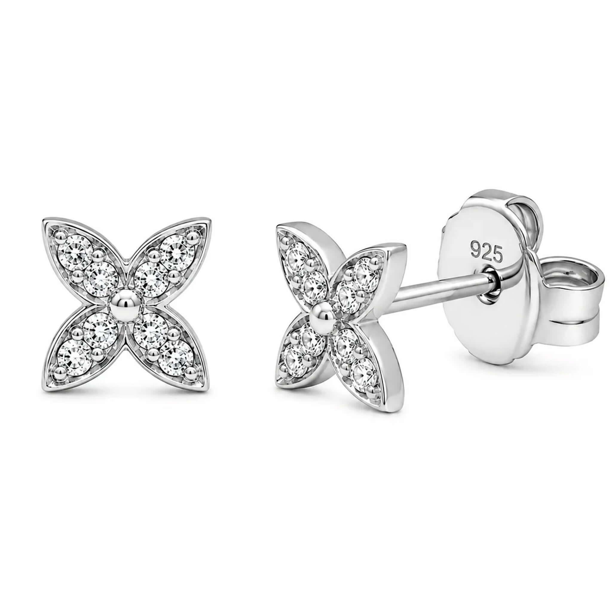 Lab Grown Diamond Flower Stud Earrings in polished rhodium-plated silver, featuring round lab-grown diamonds.