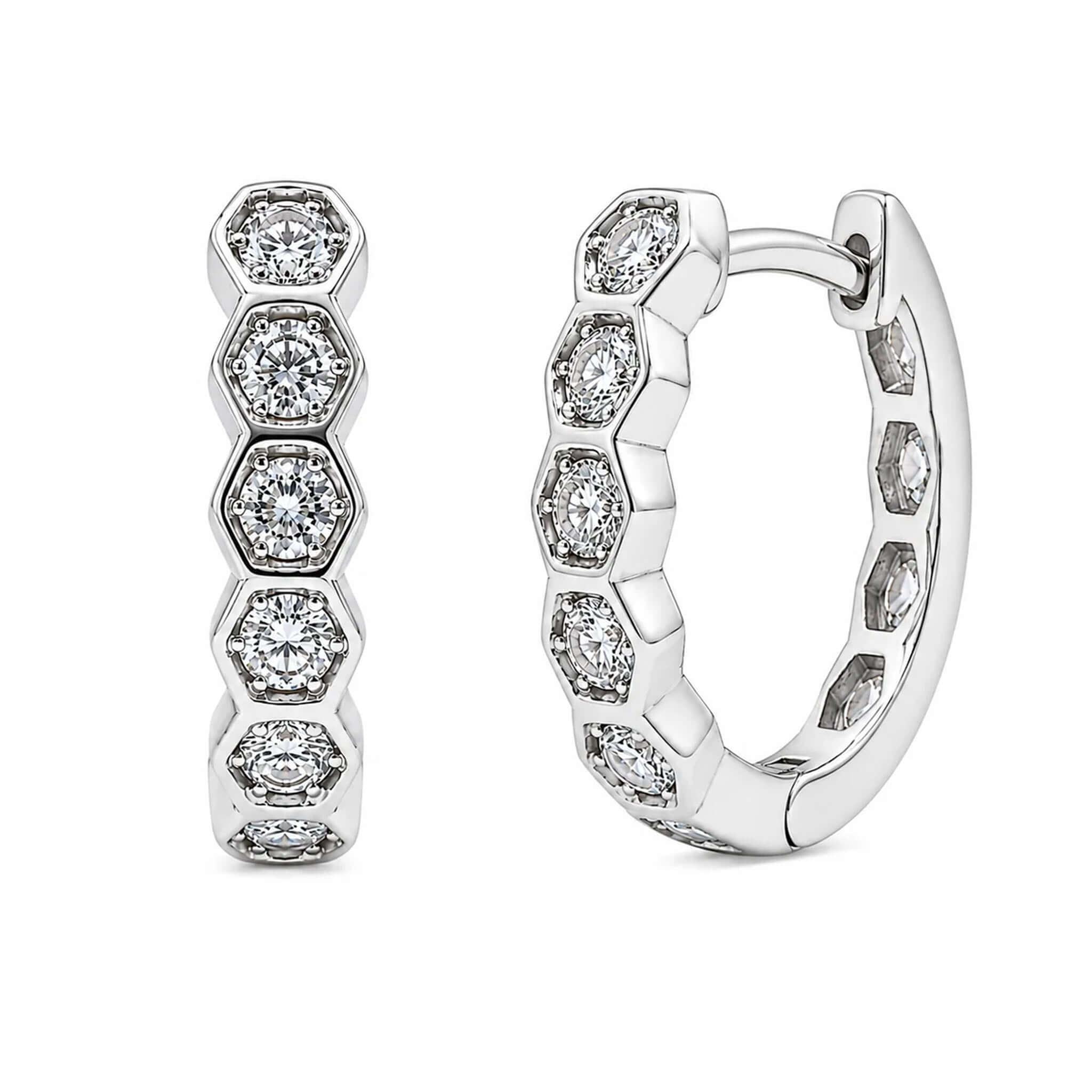 Lab Grown Diamond Hexagon Huggie Earrings featuring round diamonds in a polished silver setting.