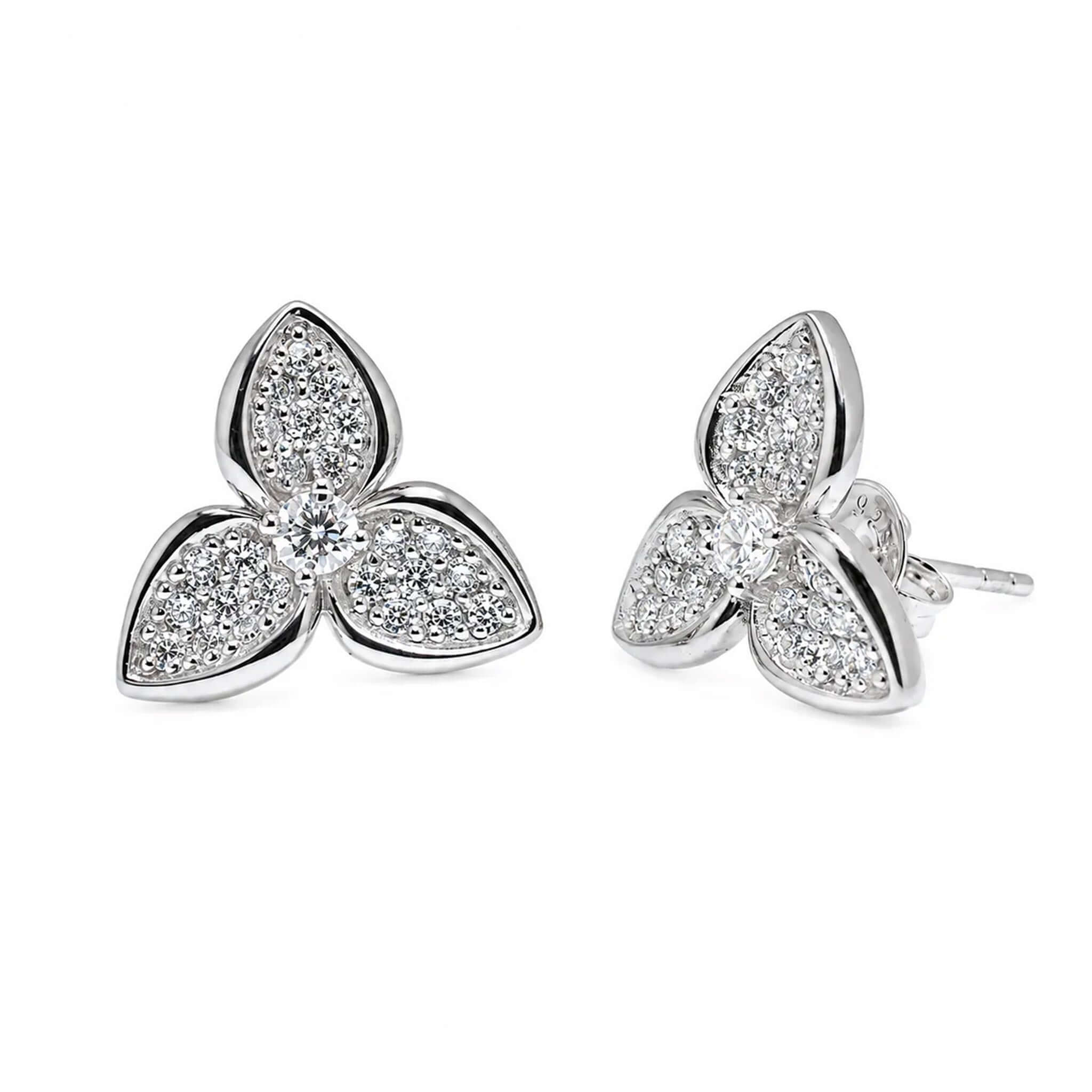 Lab Grown Diamond Three-Petal Pavé Flower Stud Earrings featuring round diamonds and sculpted silver petals.
