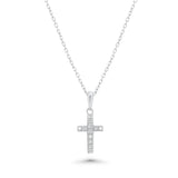 A silver cross pendant necklace adorned with small diamonds stones, suspended from a delicate silver chain against a plain white background.