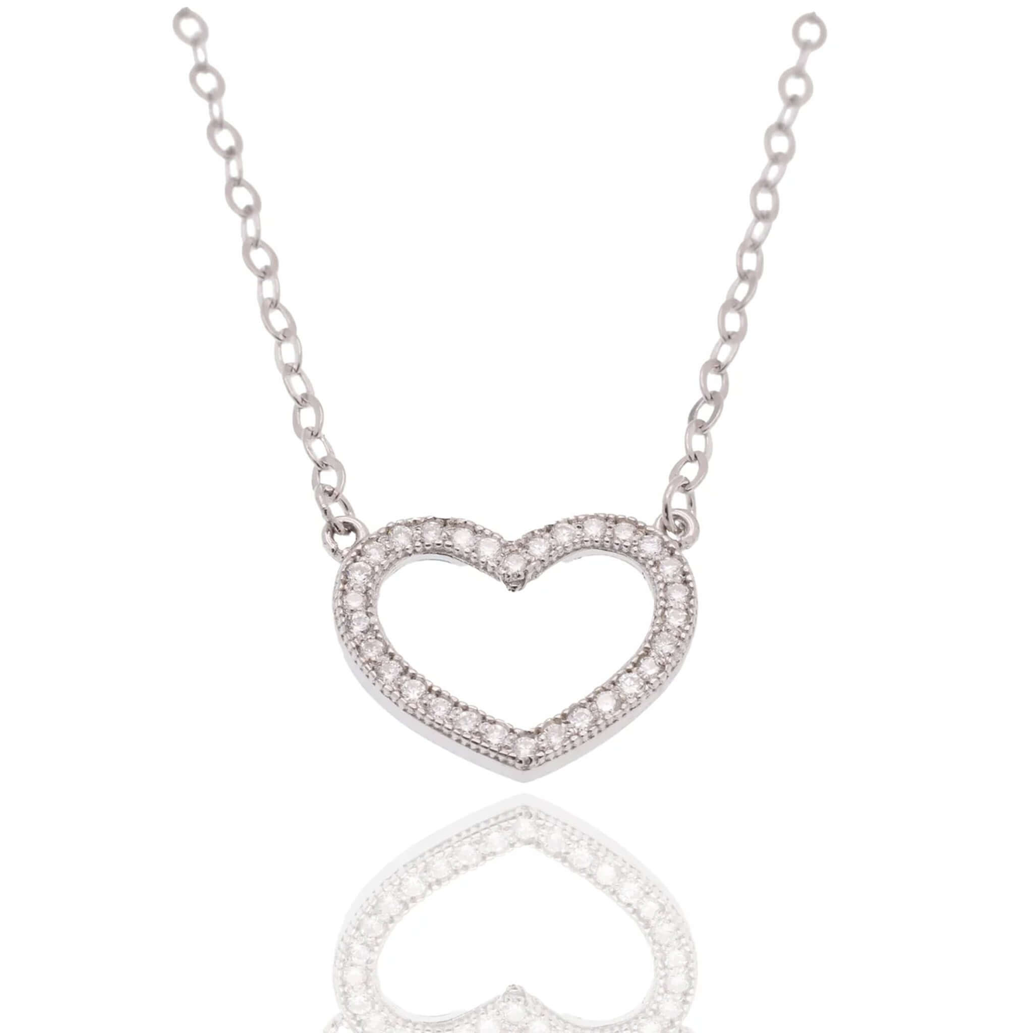Lab Diamond Milgrain Heart Necklace in rhodium-plated silver with round diamonds in a delicate heart design