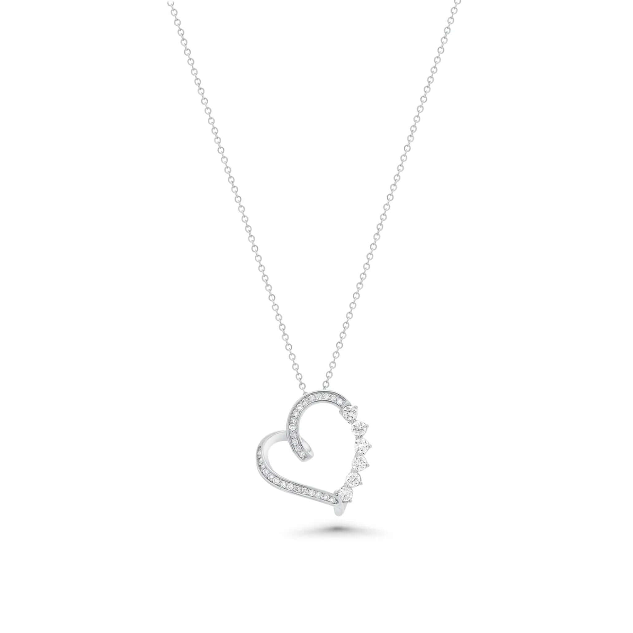 Lab Diamond Graduated Heart Necklace featuring round lab-grown diamonds in graduated sizes on a rhodium-plated silver chain.