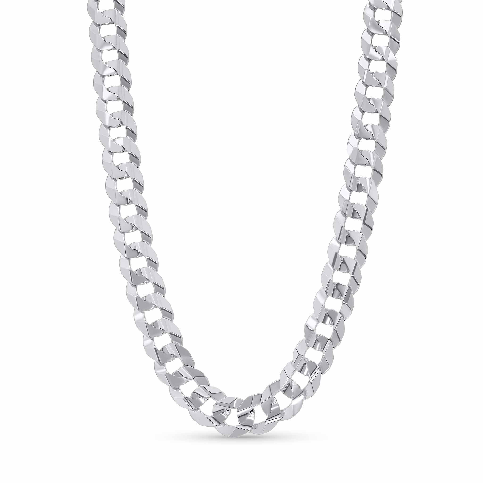 Men's solid 14k white gold curb chain necklace with interlocking links, showcasing strength and style.